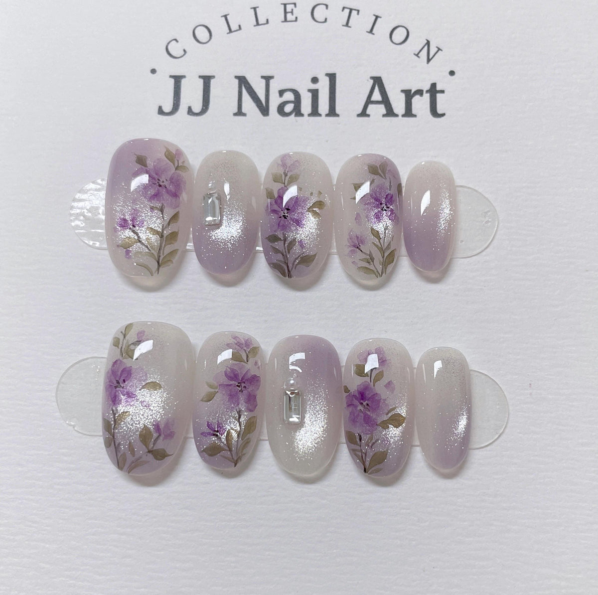 Purple Flowers Press On Nails: Reusable Custom Shape Set