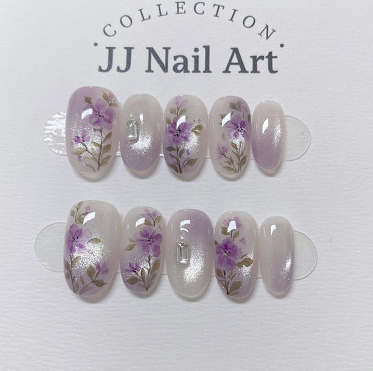 Purple Flowers Press On Nails: Reusable Custom Shape Set