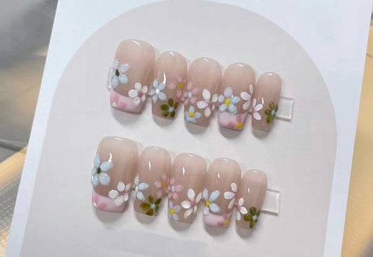 3D Flower Press On Nails: Hand Painted Gel Reusable Fake Nails