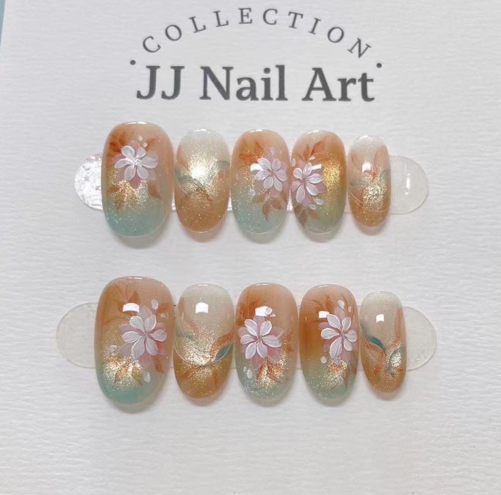 Handmade Orange Green Smudge Press On Nails: Reusable Set
