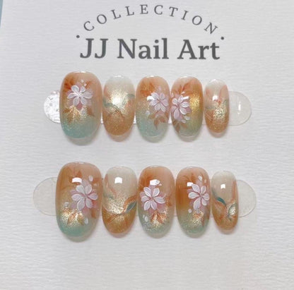 Handmade Orange Green Smudge Press On Nails: Reusable Set