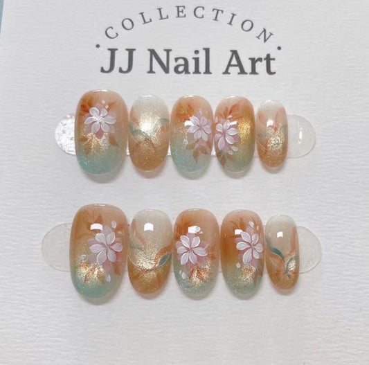 Handmade Orange Green Smudge Press On Nails: Reusable Set