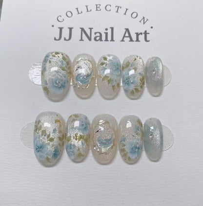 Handmade Blue Flowers Cat Eye Press On Nails: Reusable Set