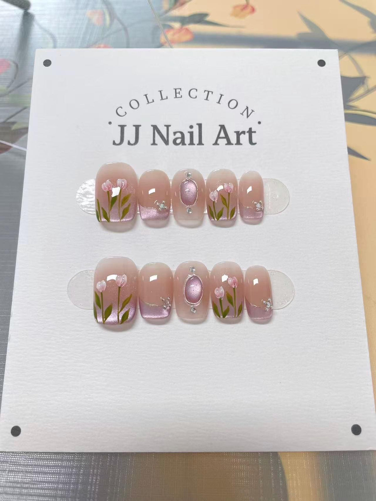Handmade Pink Tulips French Press On Nails: Reusable Set