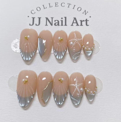Handmade Sea Stars Cat Eye Press On Nails: Custom Shape Reusable Set