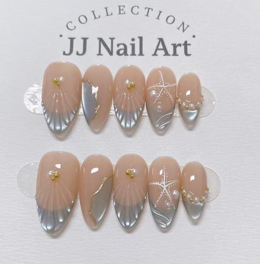 Handmade Sea Stars Cat Eye Press On Nails: Custom Shape Reusable Set