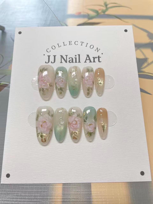Handmade Watercolor Peonies Cat Eye Press On Nails: Reusable Set