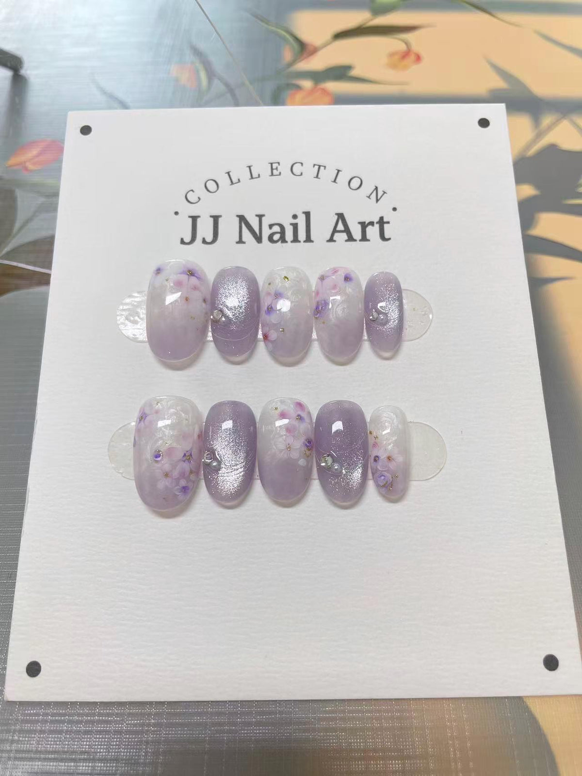 Handmade Purple Floral Press On Nails: Reusable Set