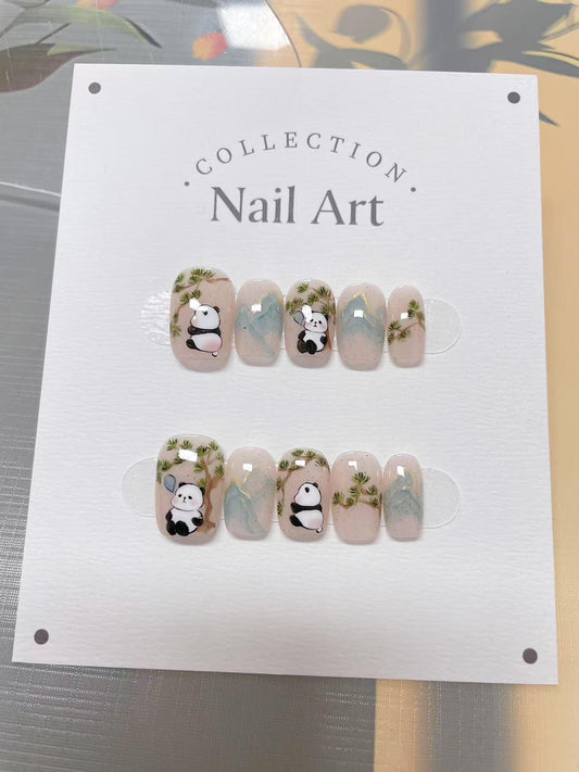 Hand-Painted Panda & Pine Tree Press-On Nails: Reusable Artist Faux Nails