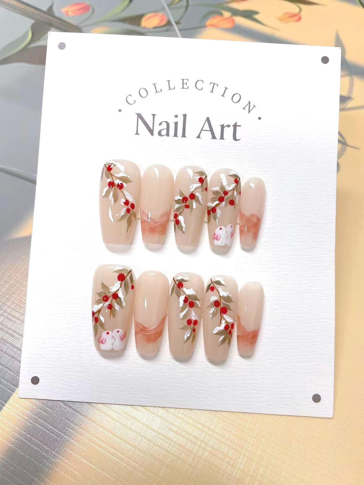 Hand Painted Winter Bunny Press On Nails: Reusable Faux Nails