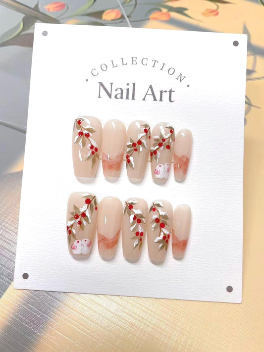 Hand Painted Winter Bunny Press On Nails: Reusable Faux Nails