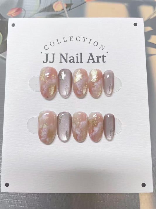 Pink Smudge Cat Eye Hand Painted Press On Nails: Custom Shape Reusable Nail Set