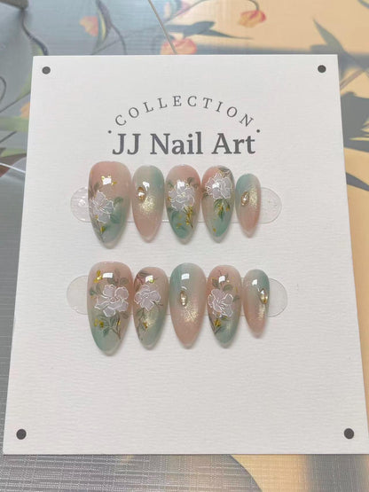 Handmade Ombre Flowers Cat Eye Press On Nails: Floral French Reusable Set