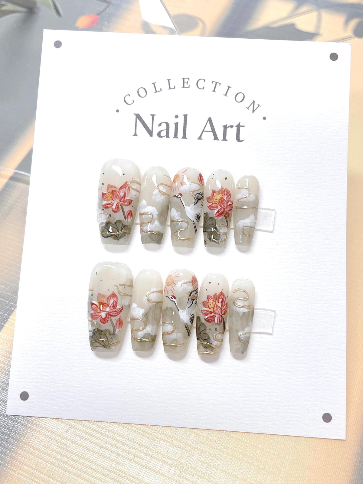 Lotus Stork Press On Nails: Hand Painted Reusable Faux Nails