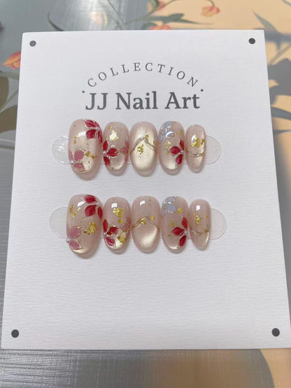 Handmade Red Petals Press On Nails: Reusable Set