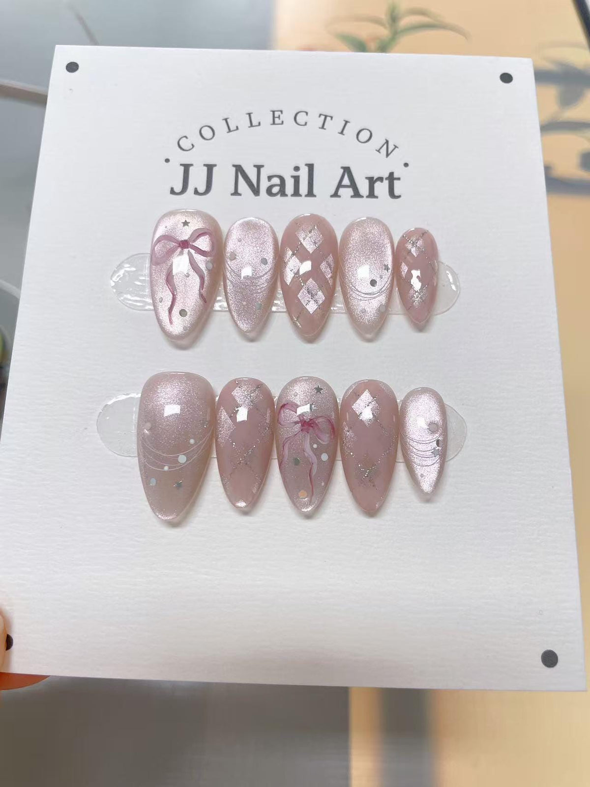 Pretty BowTie Cat Eye Press On Nails: Custom Shape Reusable Nail Set
