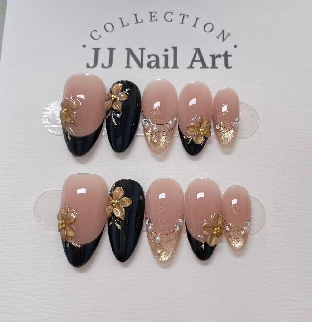 Hand Painted Gold Petals Press On Nails: Custom Shape Reusable Set