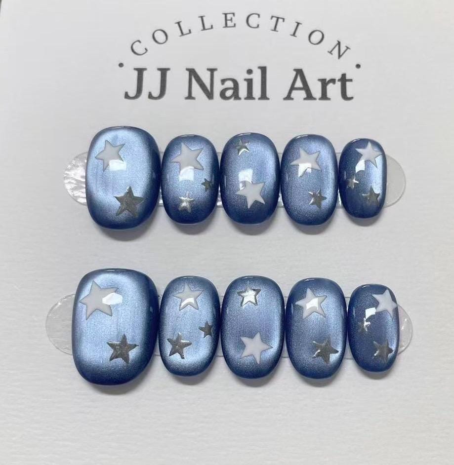 Handmade Stars Blue Cat Eye Press On Nails: Reusable Set