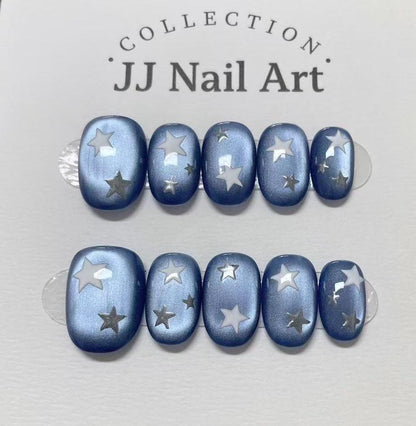 Handmade Stars Blue Cat Eye Press On Nails: Reusable Set
