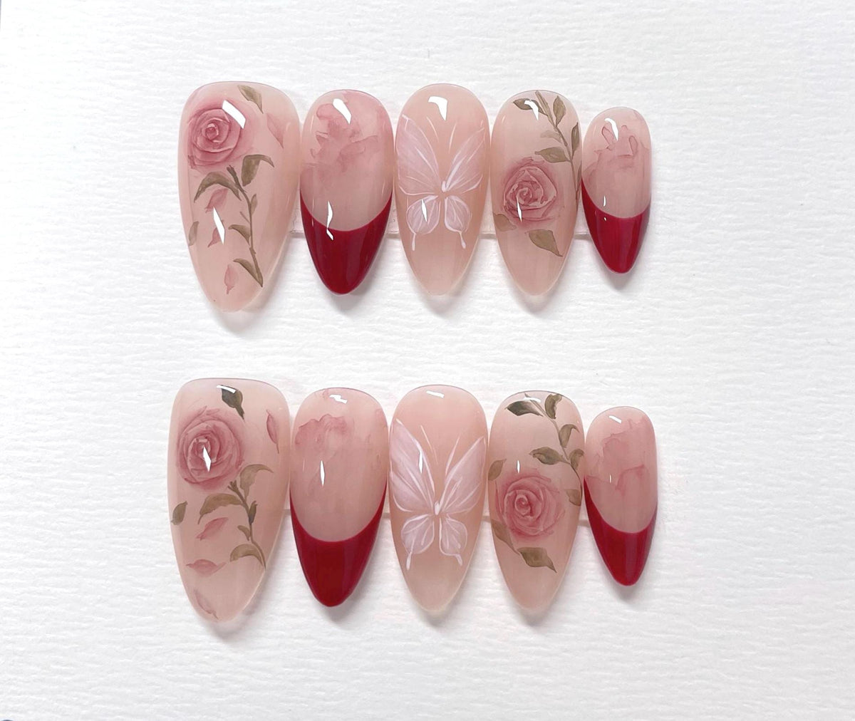 Red Roses Press On Nails: Hand Painted Reusable Faux Nails