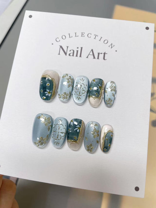 Vintage Floral Blue Cat Eye Press On Nails: Hand-Painted Reusable Faux Nails