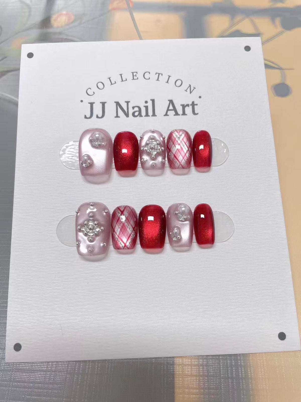 Pattern Red Cat Eye Hand Painted Press On Nails: Custom Shape Reusable Nail Set