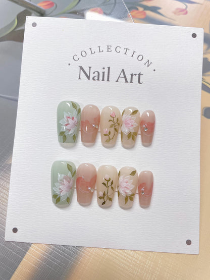 Hand Painted Floral Press On Nails: Reusable Watercolor Faux Nails