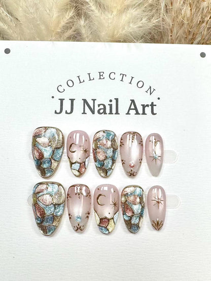 Hand Painted Cat Eye Press On Nails: Reusable Artist Faux Nails