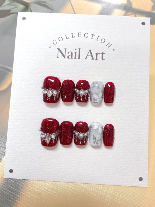 Hand Painted Butterfly Press On Nails: Red Glitter, Pearl Accent, Reusable
