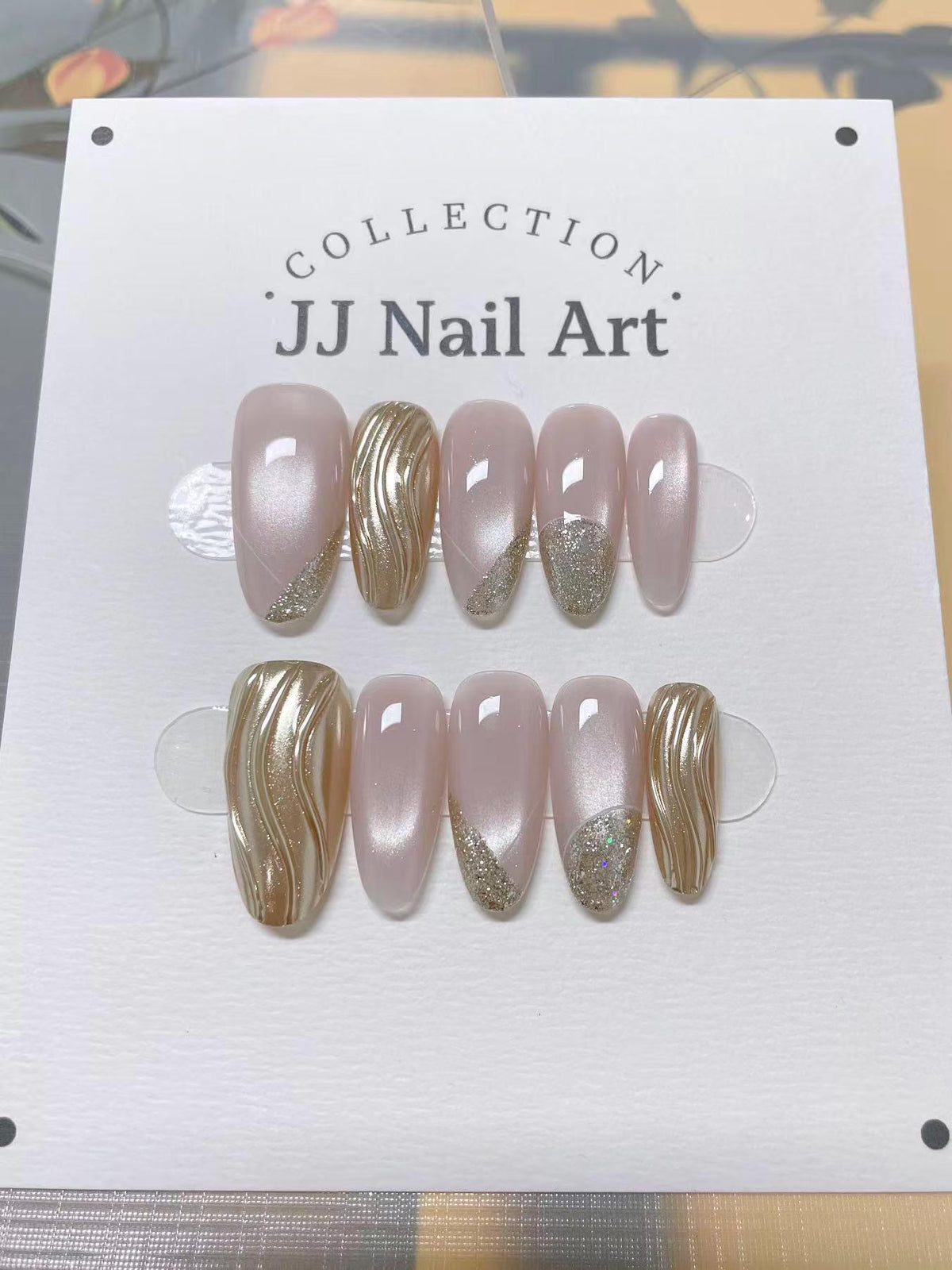 Custom Shape Hand Painted Press On Nails: Cat Eye French Glitters Reusable Nail Set