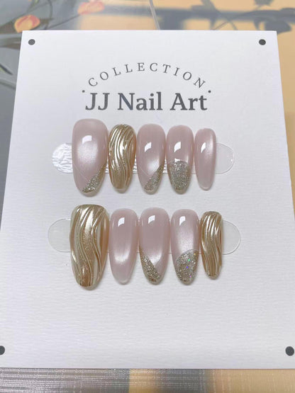 Custom Shape Hand Painted Press On Nails: Cat Eye French Glitters Reusable Nail Set