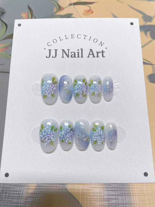 Hand Painted Blue Flowers Press On Nails: Reusable Custom Nail Shape