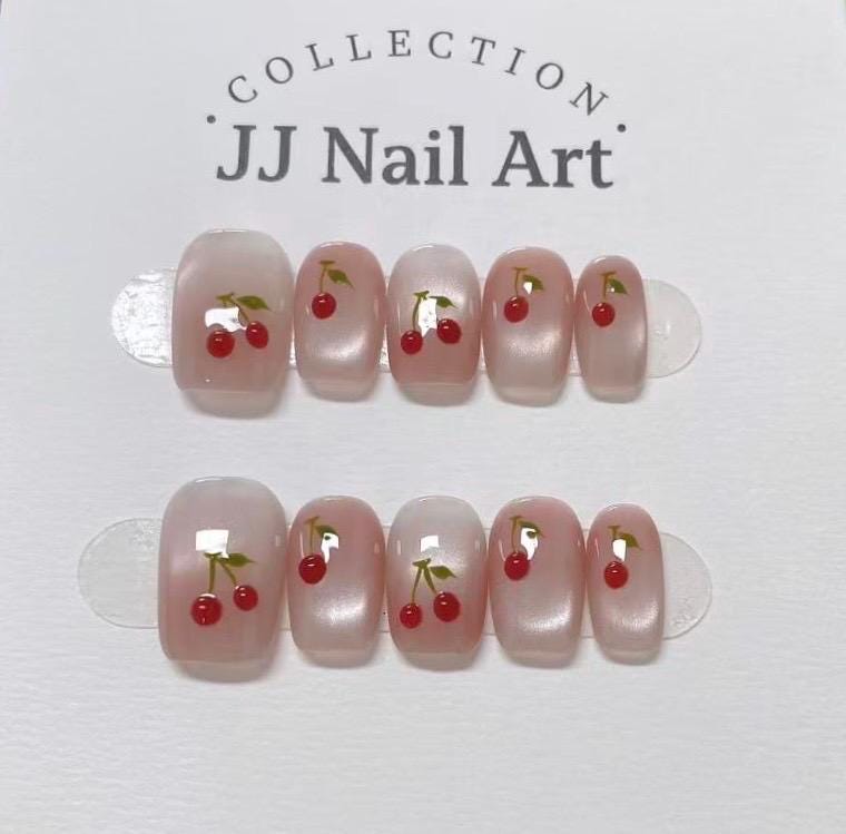 Handmade Cherry Cat Eye Press On Nails: Reusable Set