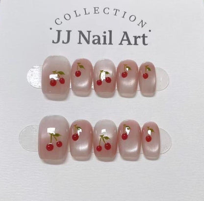 Handmade Cherry Cat Eye Press On Nails: Reusable Set