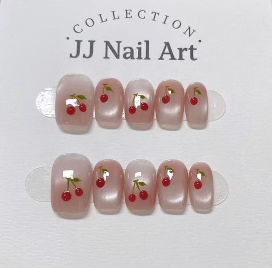 Handmade Cherry Cat Eye Press On Nails: Reusable Set