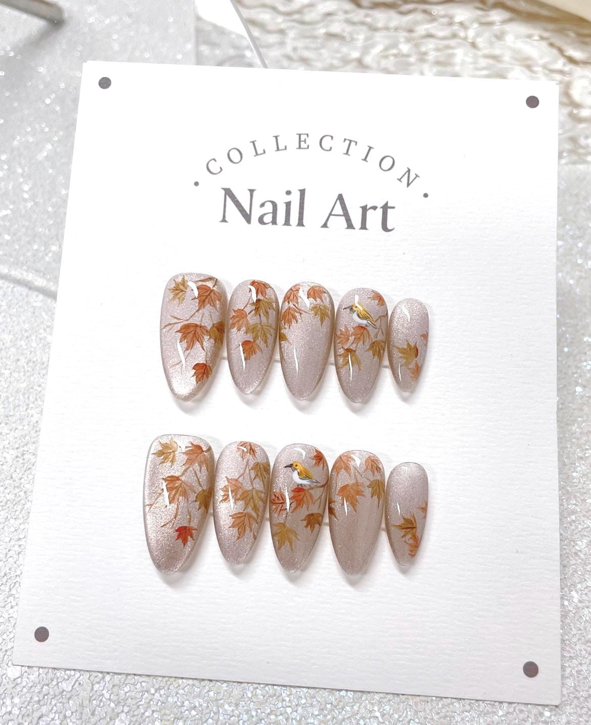 Handmade Watercolor Autumn Leaves Press On Nails: Bird Accent, Reusable