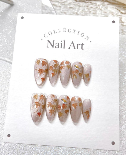 Handmade Watercolor Autumn Leaves Press On Nails: Bird Accent, Reusable