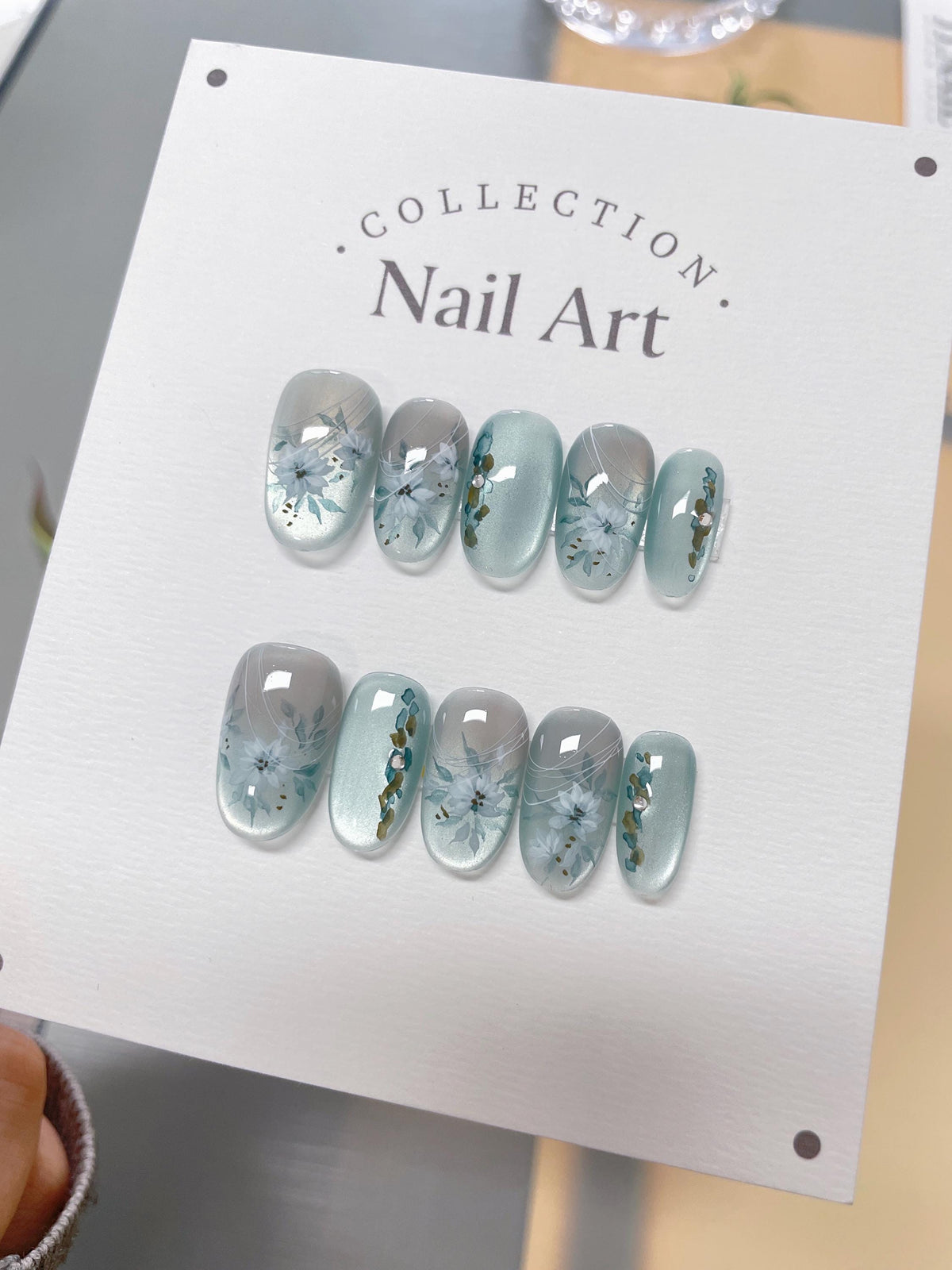 White Flower Press On Nails: Ombre Blue, Hand Painted, Reusable