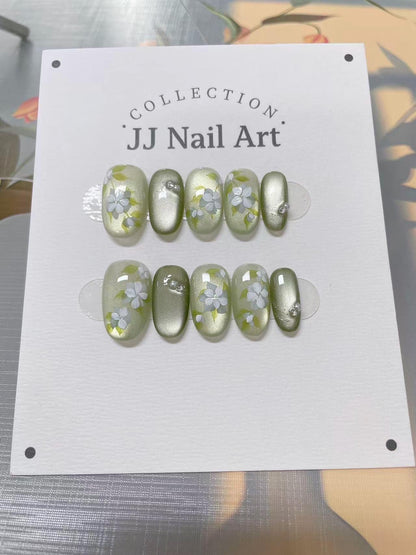 Light Green Cat Eye Press On Nails: Custom Shape Reusable Set