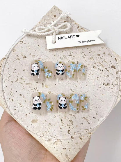 Panda Press On Nails: Blue Flowers, Hand-Painted Reusable Faux Nails