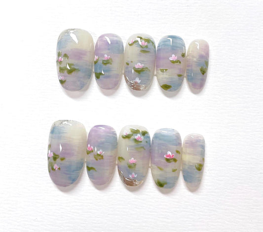 Hand Painted Water Lily Press On Nails: Reusable Artist Faux Nails