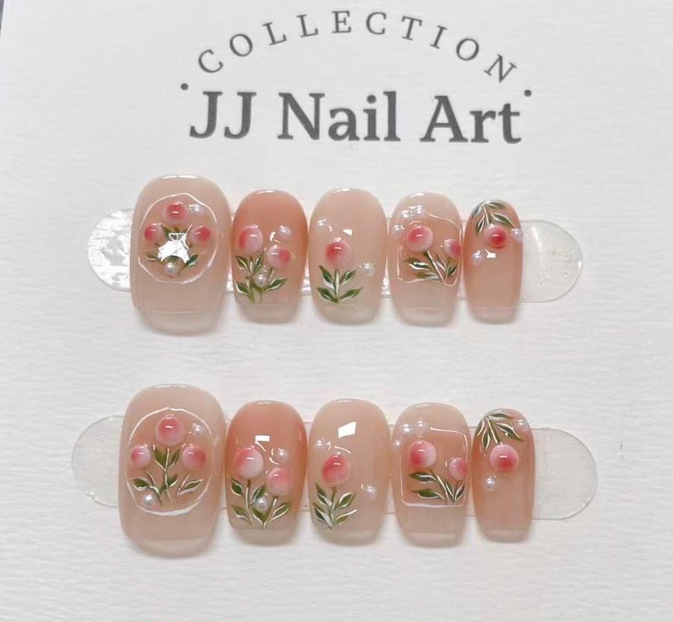 Handmade Pink Flowers Nude Press On Nails: Floral French Reusable Set