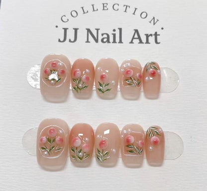 Handmade Pink Flowers Nude Press On Nails: Floral French Reusable Set