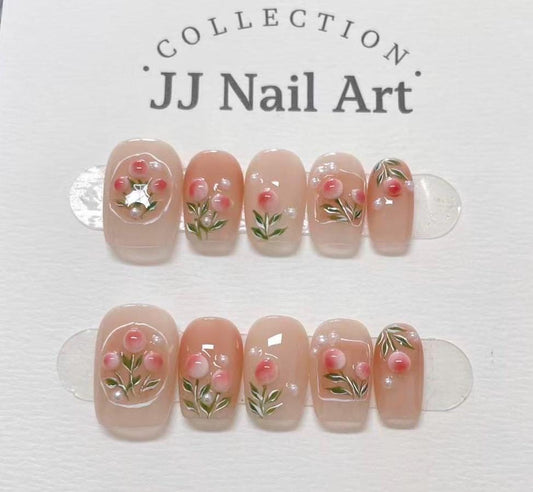 Handmade Pink Flowers Nude Press On Nails: Floral French Reusable Set