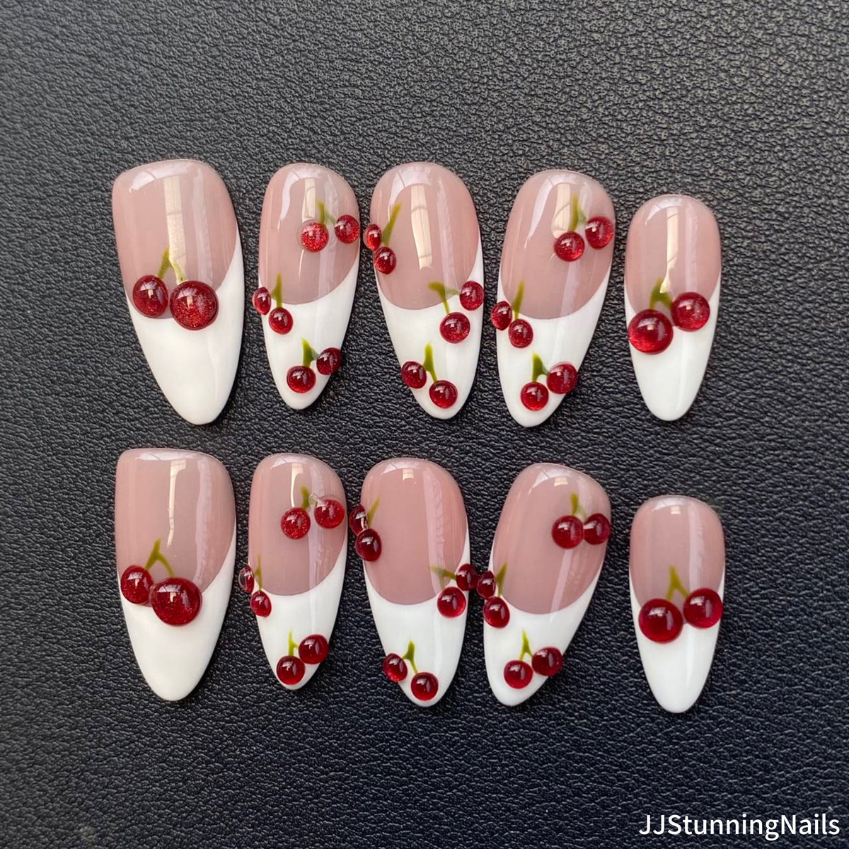 3D Cherry Press On Nails: Handmade Gel Almond Faux Nails