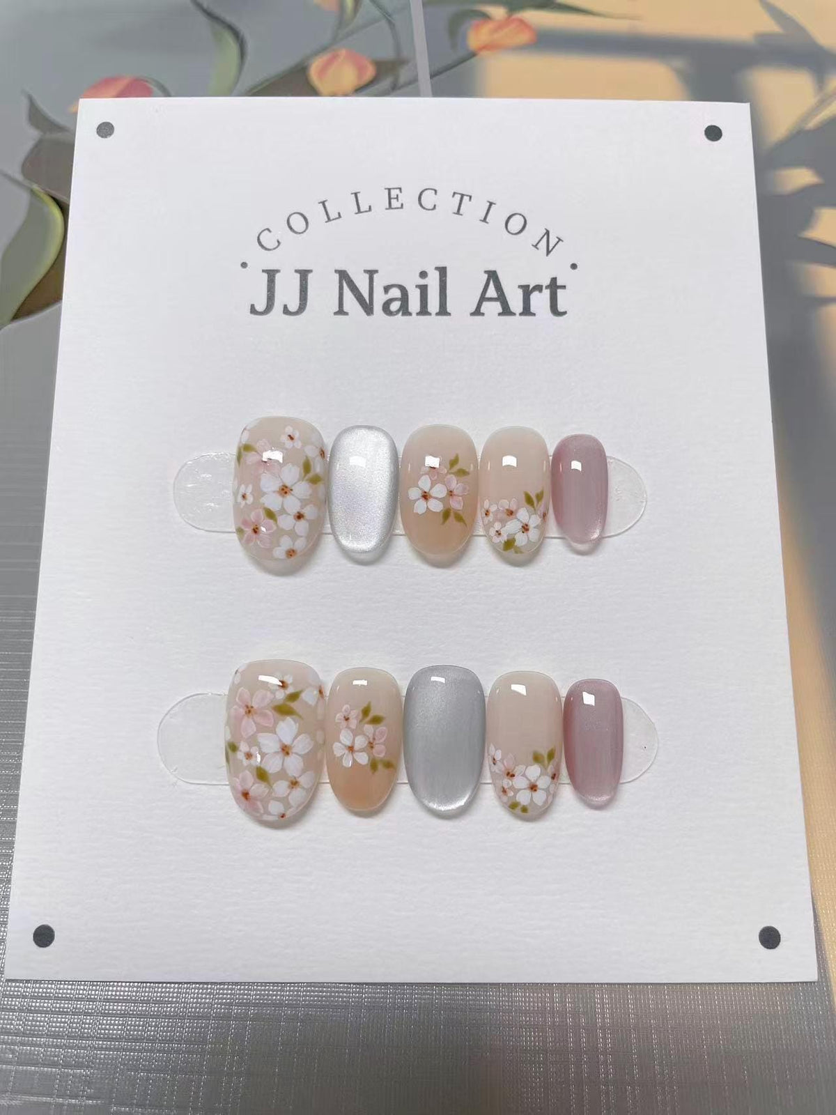 Petals With Cat Eye Press On Nails: Hand Painted Reusable Fake Nails