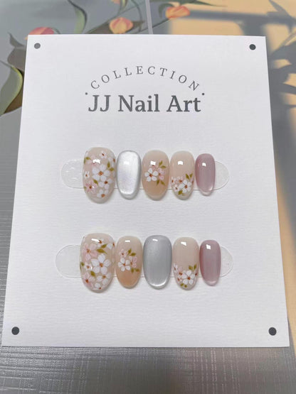 Petals With Cat Eye Press On Nails: Hand Painted Reusable Fake Nails
