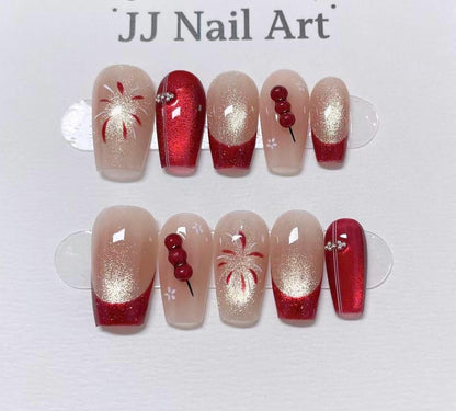 Custom Shape Hand Painted Press On Nails: Red Celebration Cat Eye Reusable Nail Set