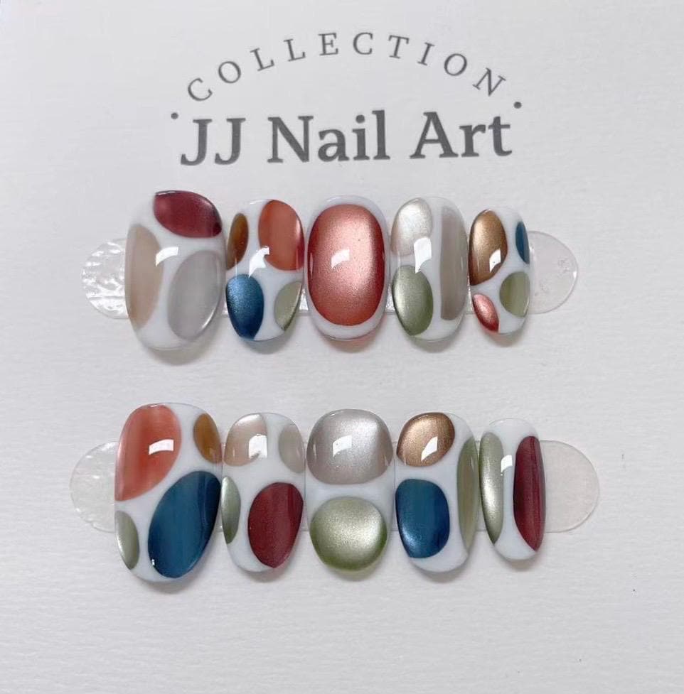 Colorful Cat Eye Press On Nails: Custom Shape Reusable Set
