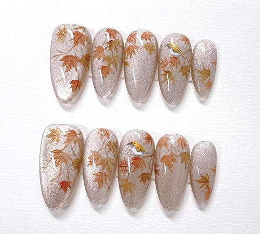 Handmade Watercolor Autumn Leaves Press On Nails: Bird Accent, Reusable